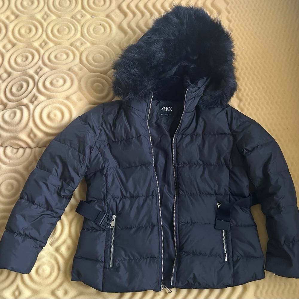 Zara Black Quilted Jacket with feathers